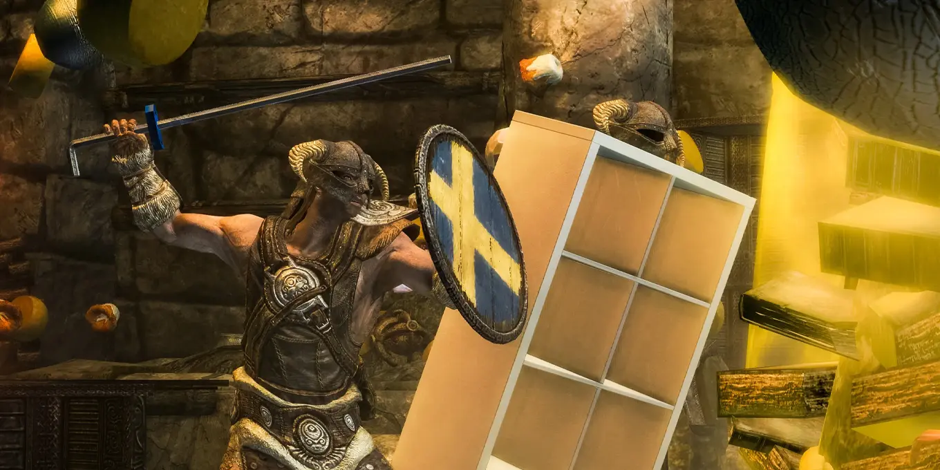Kolaborasi Resmi dengan IKEA, Mod Baru Skyrim Hadirkan Rak Buku Kocak Jadi Companion